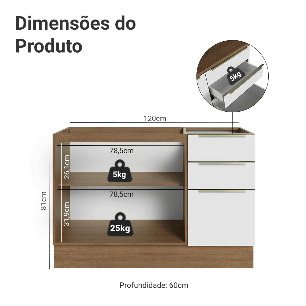 Balcão Gabinete de Pia 120 x 60 cm 2 Portas 3 Gavetas (Sem Tampo) Rustic/Branco Veludo Lux Madesa - Image 2