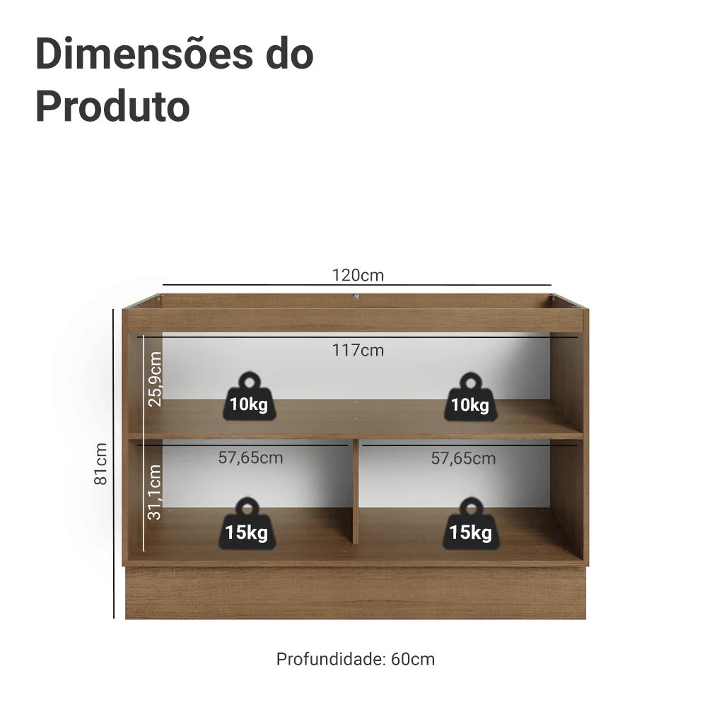 Balcão Gabinete de Pia 120 x 60 cm 2 Portas (Sem Tampo) Rustic/Branco Veludo Lux Madesa - Image 2