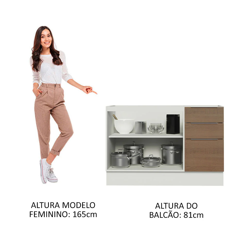 Balcão Gabinete de Pia Madesa Stella 120 x 60 cm 2 Portas e 3 Gavetas (Sem Tampo) Branco/Rustic - Image 4