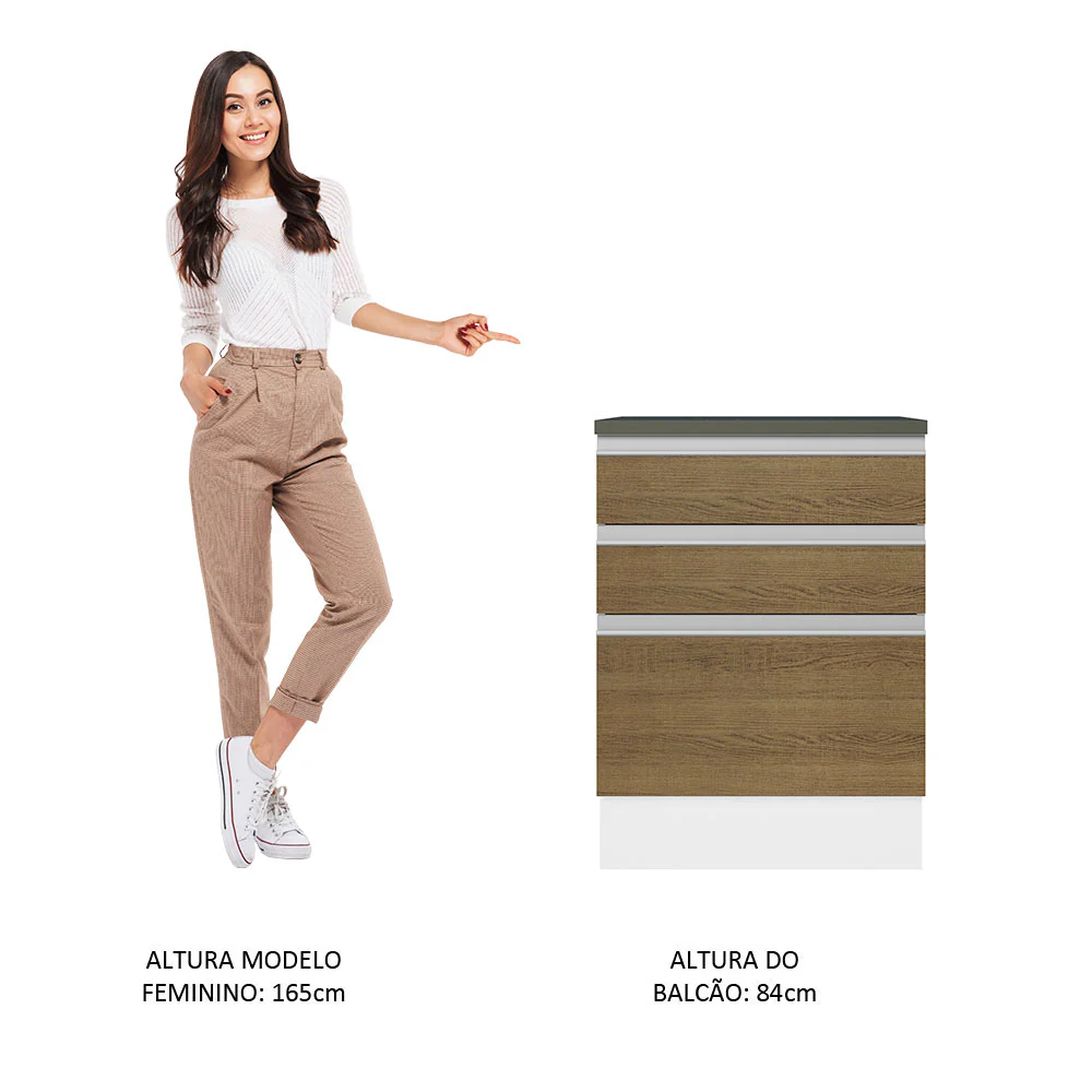 Balcão Madesa Acordes 100% MDF 60 cm 3 Gavetas Branco/Rustic - Image 4