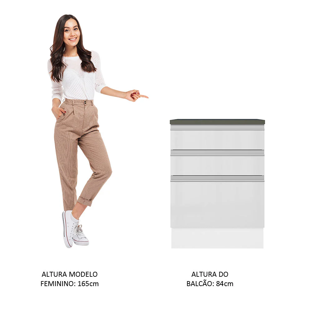 Balcão Madesa Acordes 100% MDF 60 cm 3 Gavetas Frentes Branco Brilho - Image 4