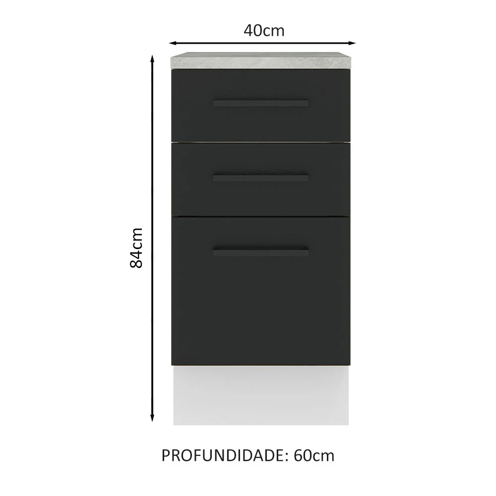 Balcão Madesa Agata 40 x 60 cm 3 Gavetas (Com Tampo) Branco/Preto - Image 2