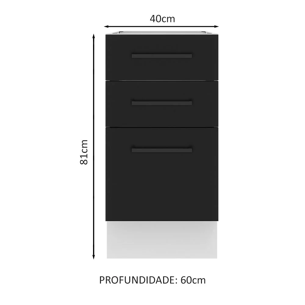 Balcão Madesa Agata 40 x 60 cm 3 Gavetas (Sem Tampo) Branco/Preto - Image 2
