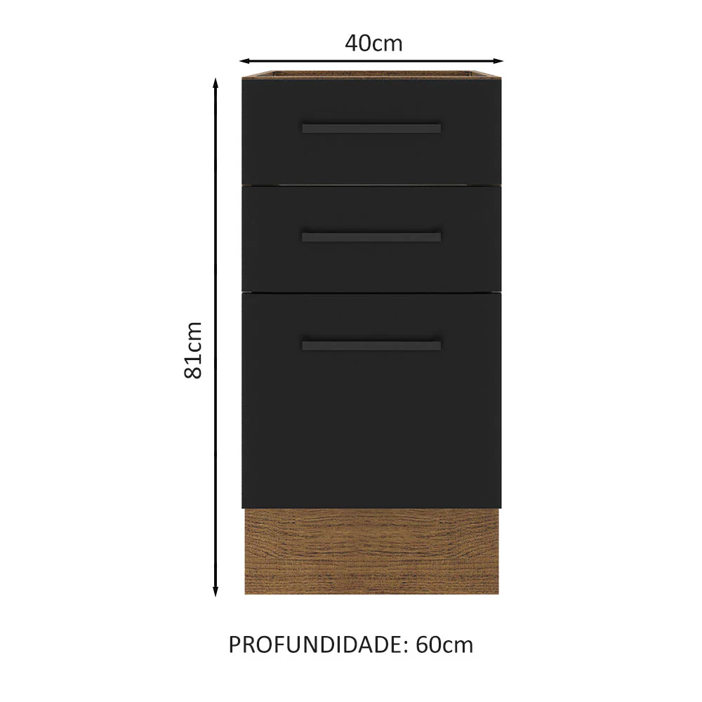 Balcão Madesa Agata 40 x 60 cm 3 Gavetas (Sem Tampo) Rustic/Preto - Image 2