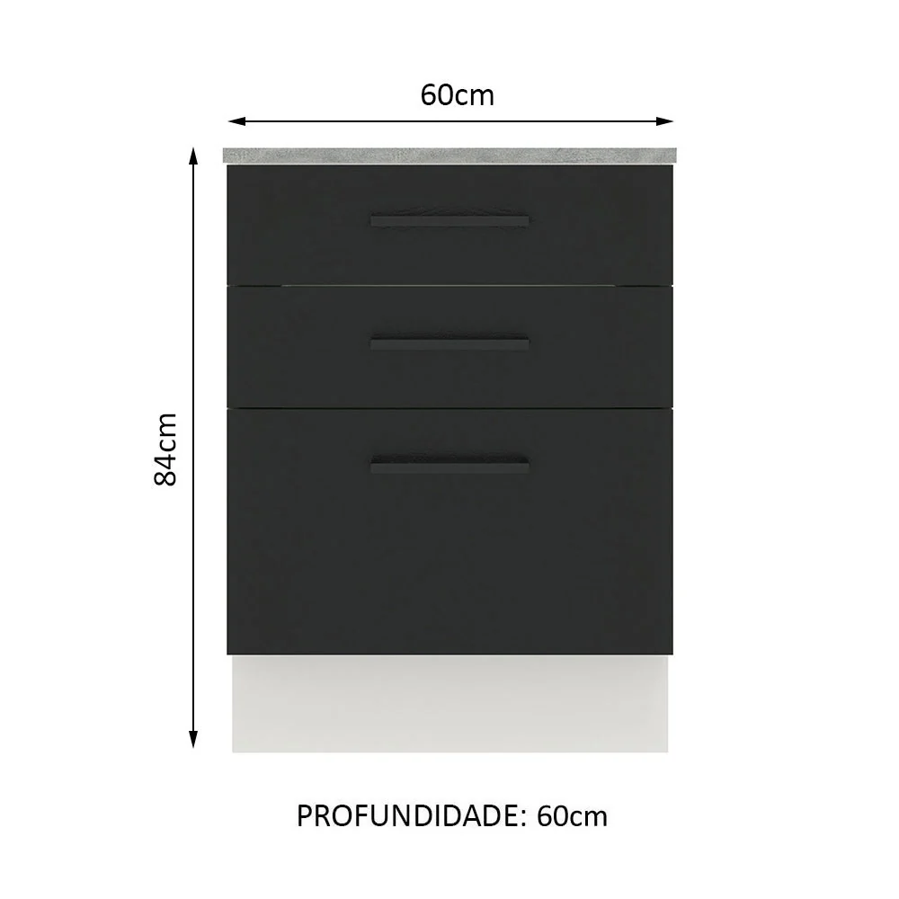 Balcão Madesa Agata 60 x 60 cm 3 Gavetas (Com Tampo) Branco/Preto - Image 2