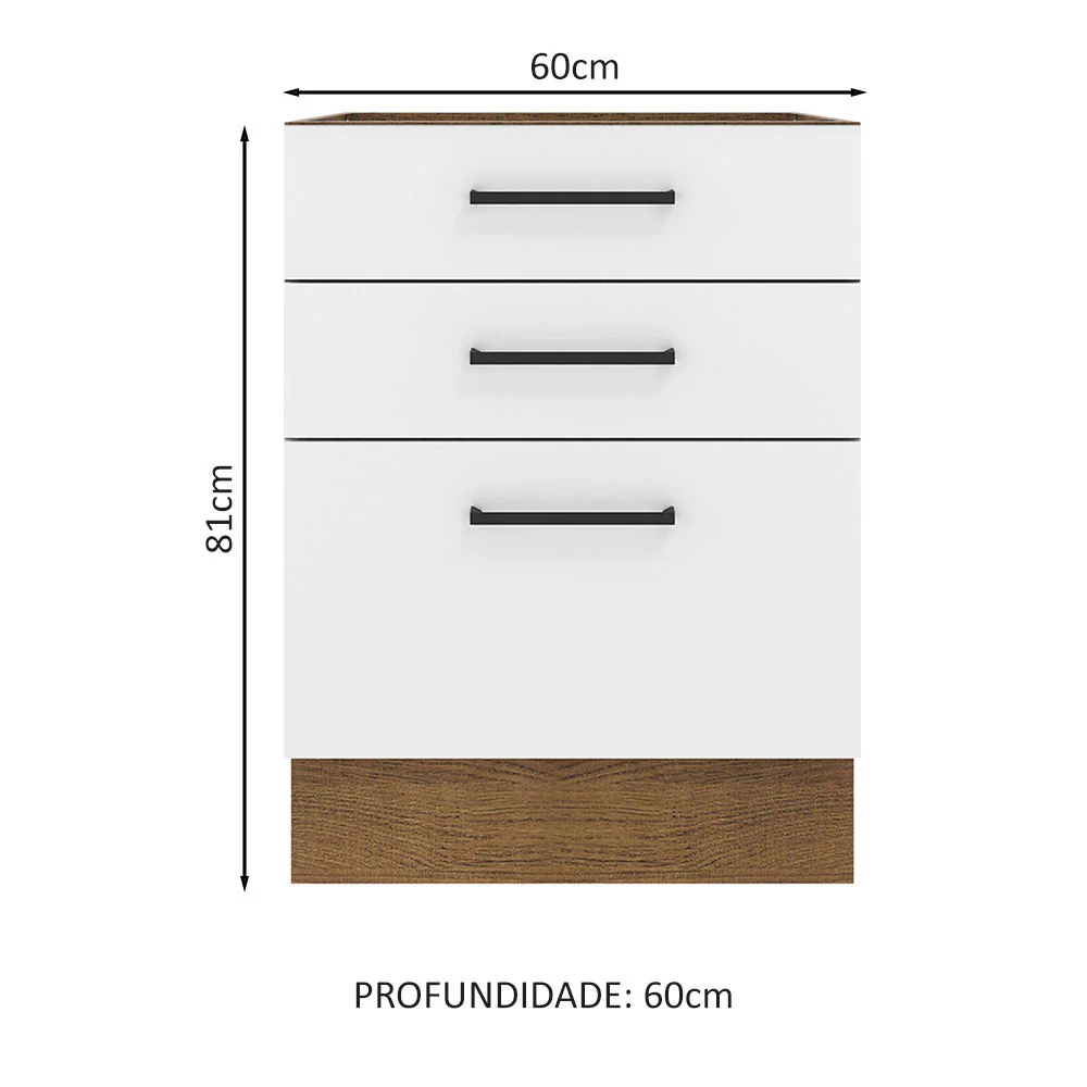 Balcão Madesa Agata 60 x 60 cm 3 Gavetas (Sem Tampo) Rustic/Branco - Image 2