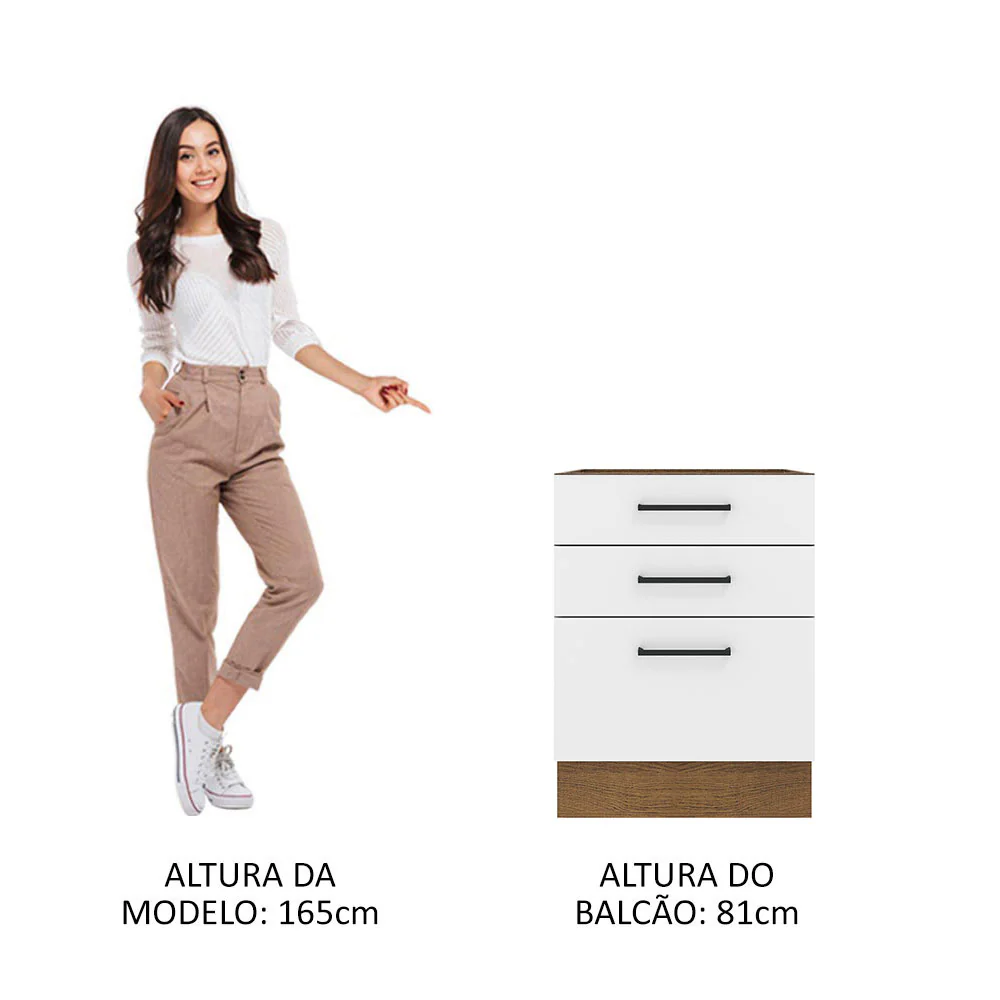 Balcão Madesa Agata 60 x 60 cm 3 Gavetas (Sem Tampo) Rustic/Branco - Image 4