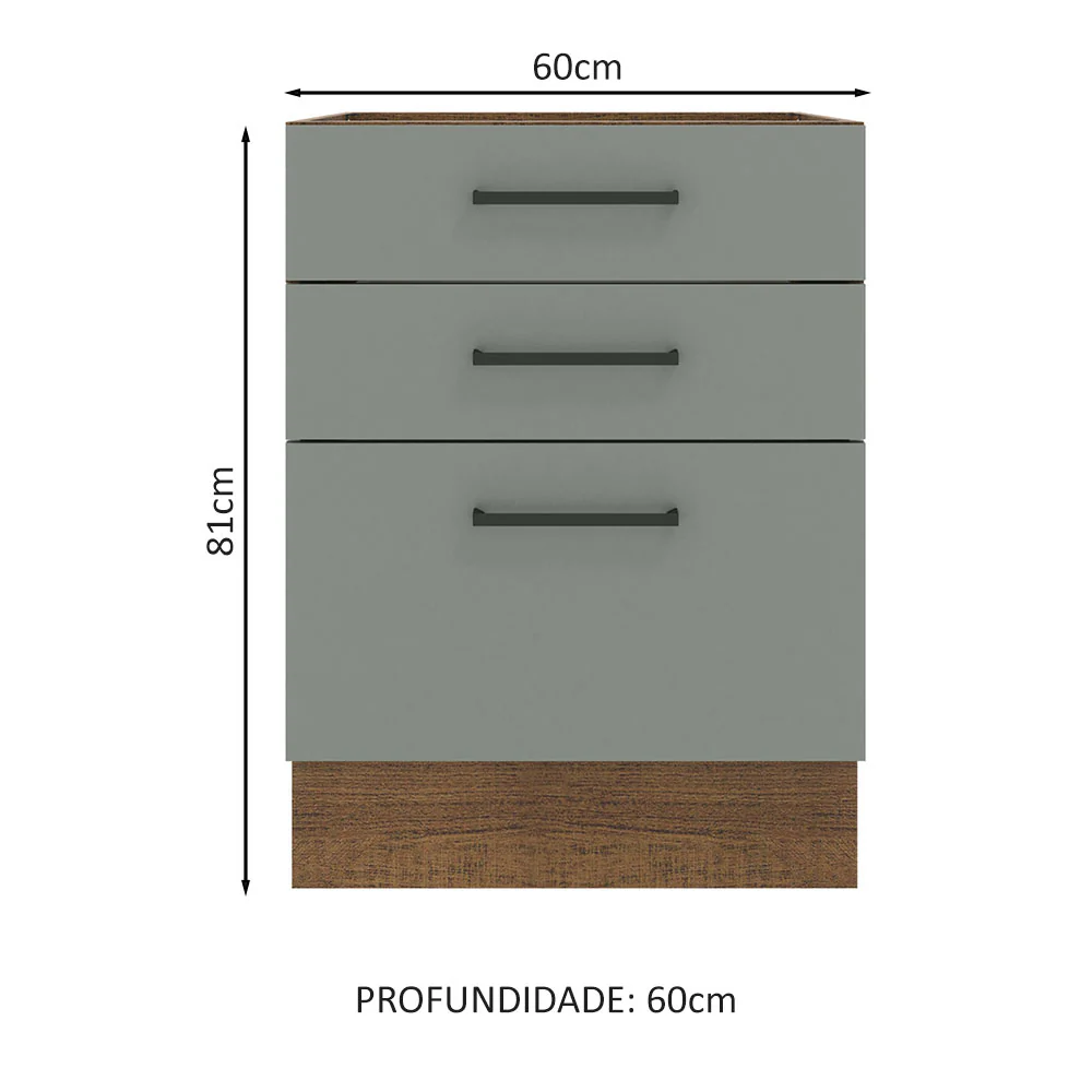 Balcão Madesa Agata 60 x 60 cm 3 Gavetas (Sem Tampo) Rustic/Cinza - Image 2