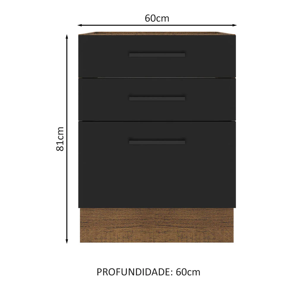 Balcão Madesa Agata 60 x 60 cm 3 Gavetas (Sem Tampo) Rustic/Preto - Image 2