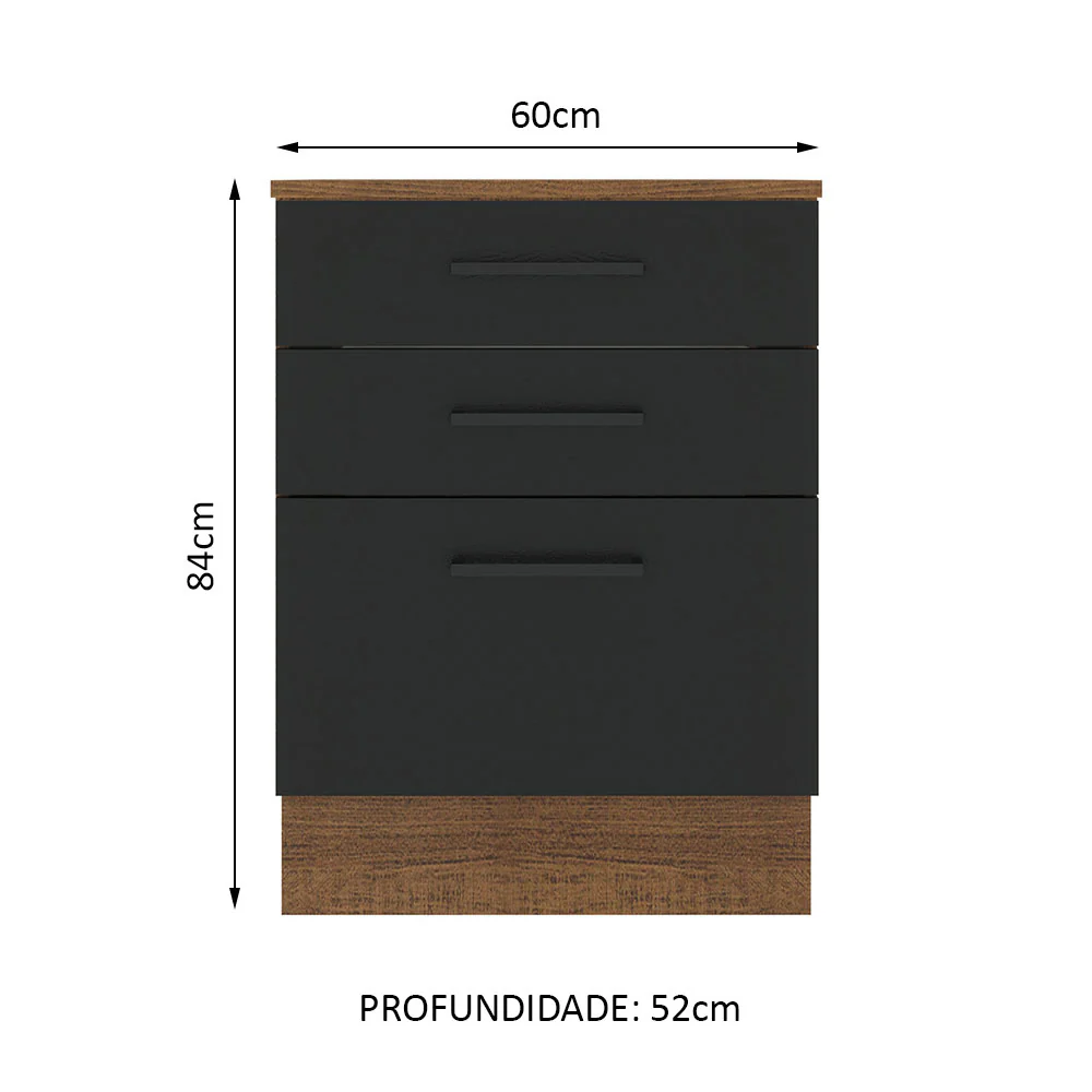 Balcão Madesa Agata 60 cm 3 Gavetas Rustic/Preto - Image 2