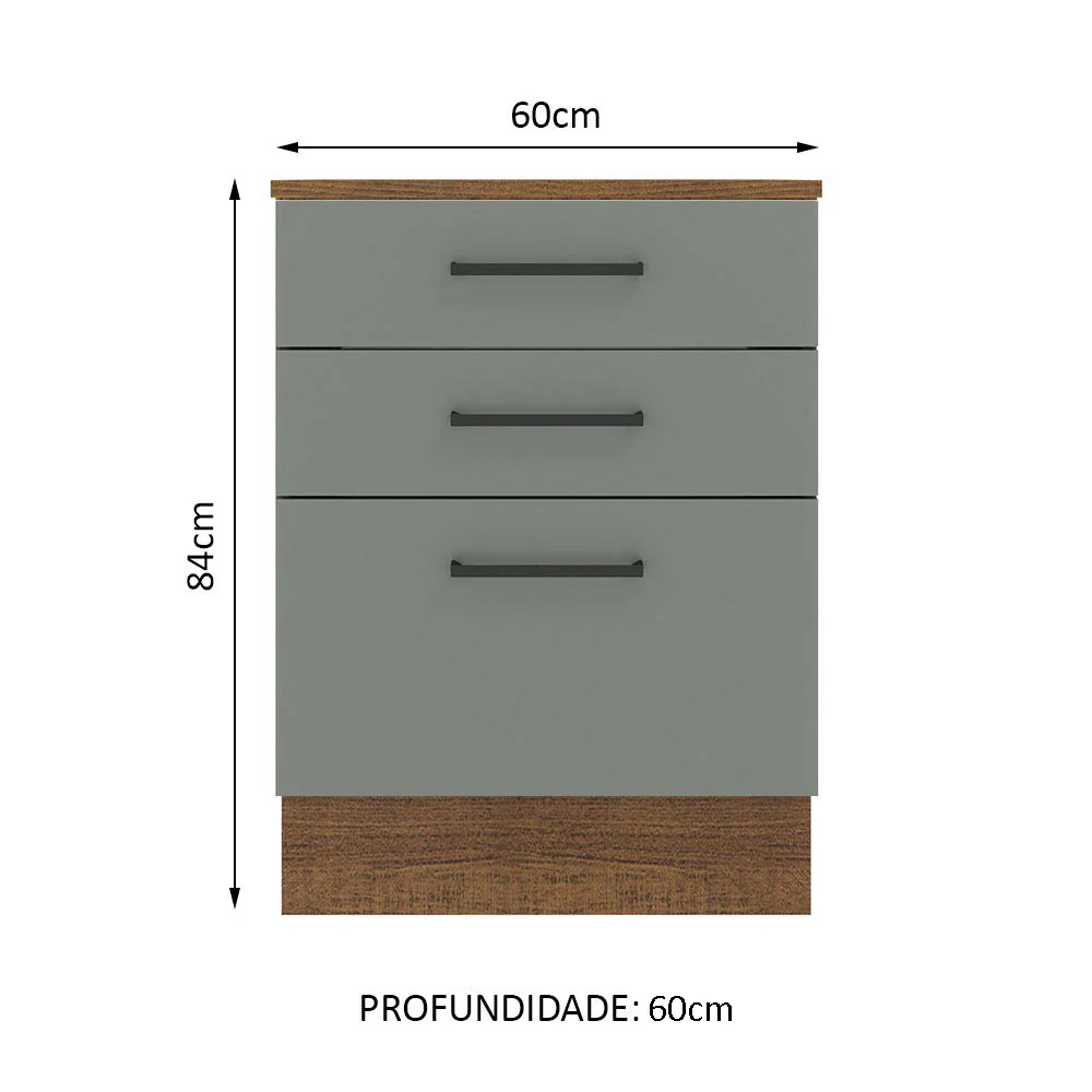 Balcão Madesa Agata 60 x 60 cm 3 Gavetas (Com Tampo) Rustic/Cinza - Image 2