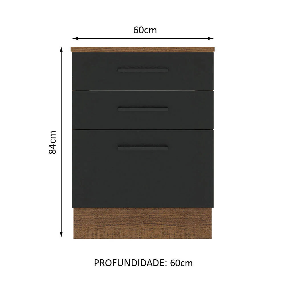 Balcão Madesa Agata 60 x 60 cm 3 Gavetas (Com Tampo) Rustic/Preto - Image 2