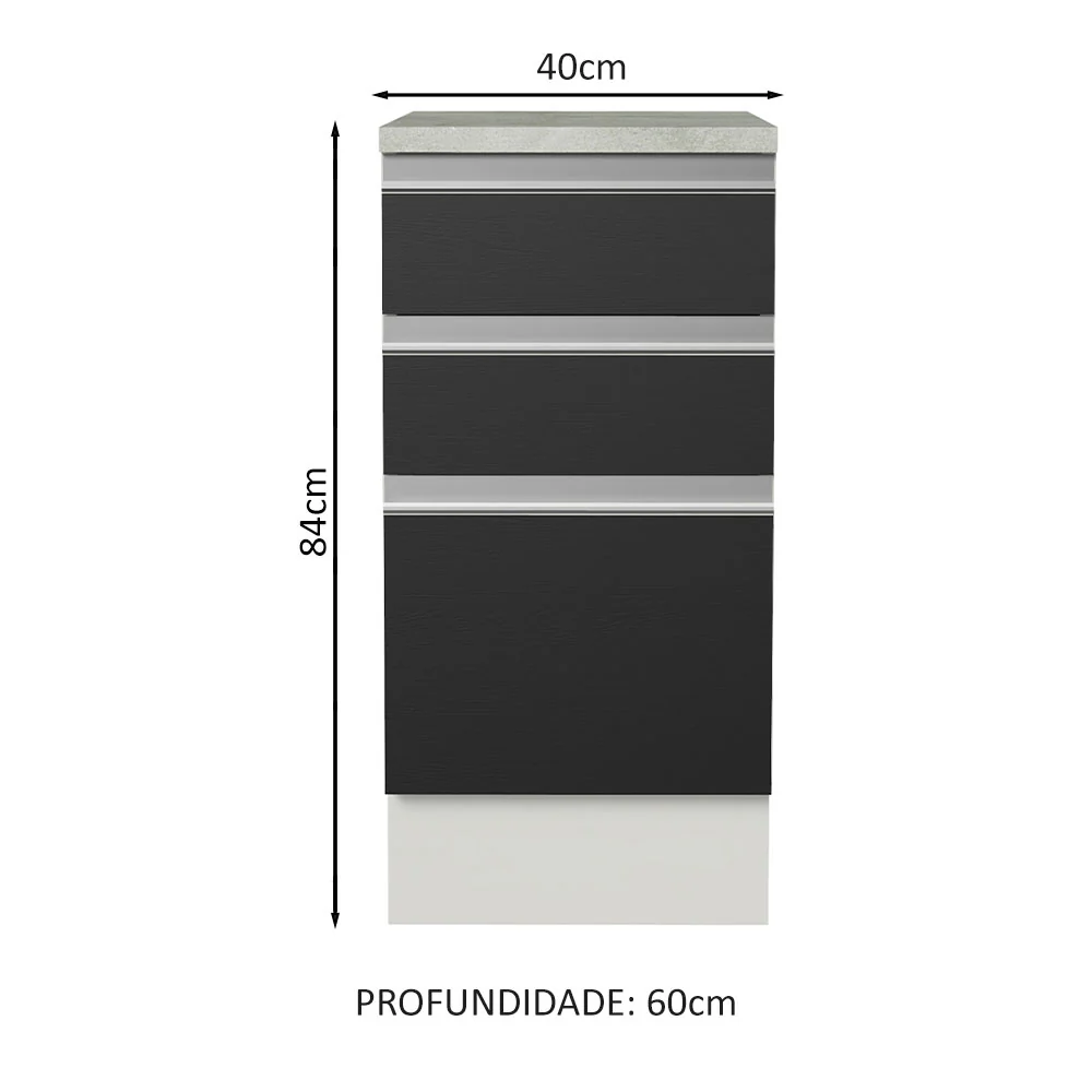 Balcão Madesa Glamy 40 x 60 cm 3 Gavetas (Com Tampo) Branco/Preto - Image 2