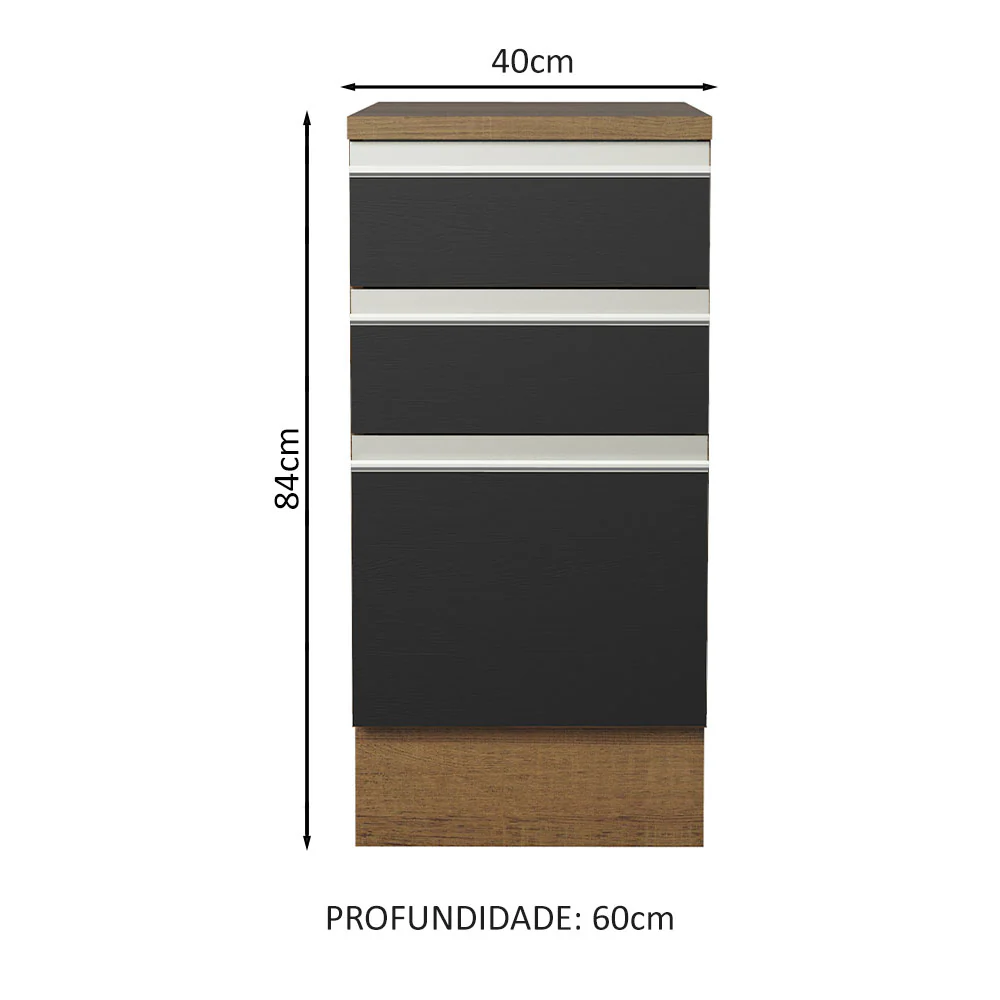 Balcão Madesa Glamy 40 x 60 cm 3 Gavetas (Com Tampo) Rustic/Preto - Image 2