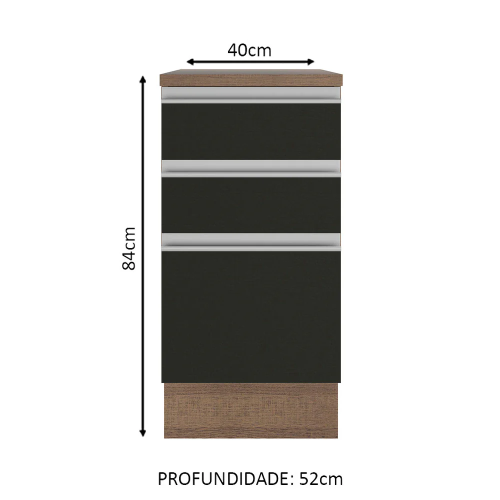 Balcão Madesa Glamy 40 cm 3 Gavetas Rustic/Preto - Image 2