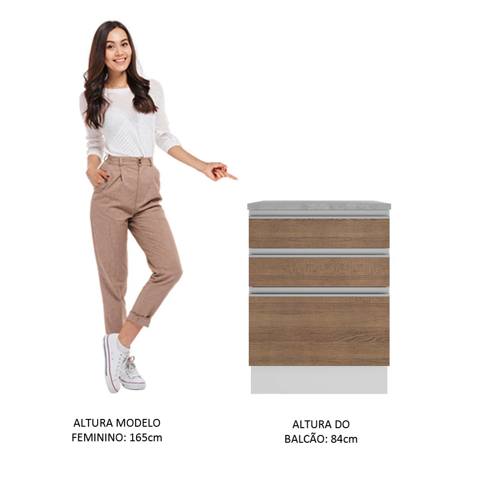 Balcão Madesa Glamy 60 cm 3 Gavetas Branco/Rustic - Image 4