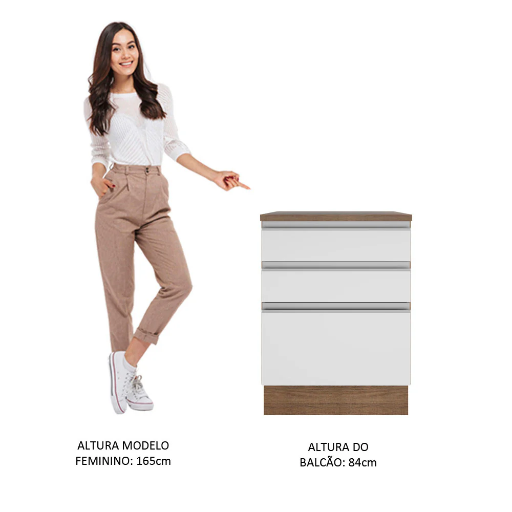 Balcão Madesa Glamy 60 cm 3 Gavetas Rustic/Branco - Image 4
