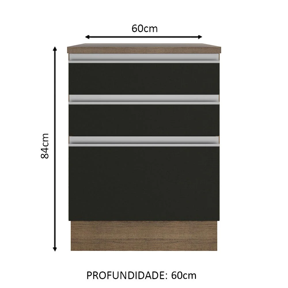 Balcão Madesa Glamy 60 x 60 cm 3 Gavetas (Com Tampo) Rustic/Preto - Image 2