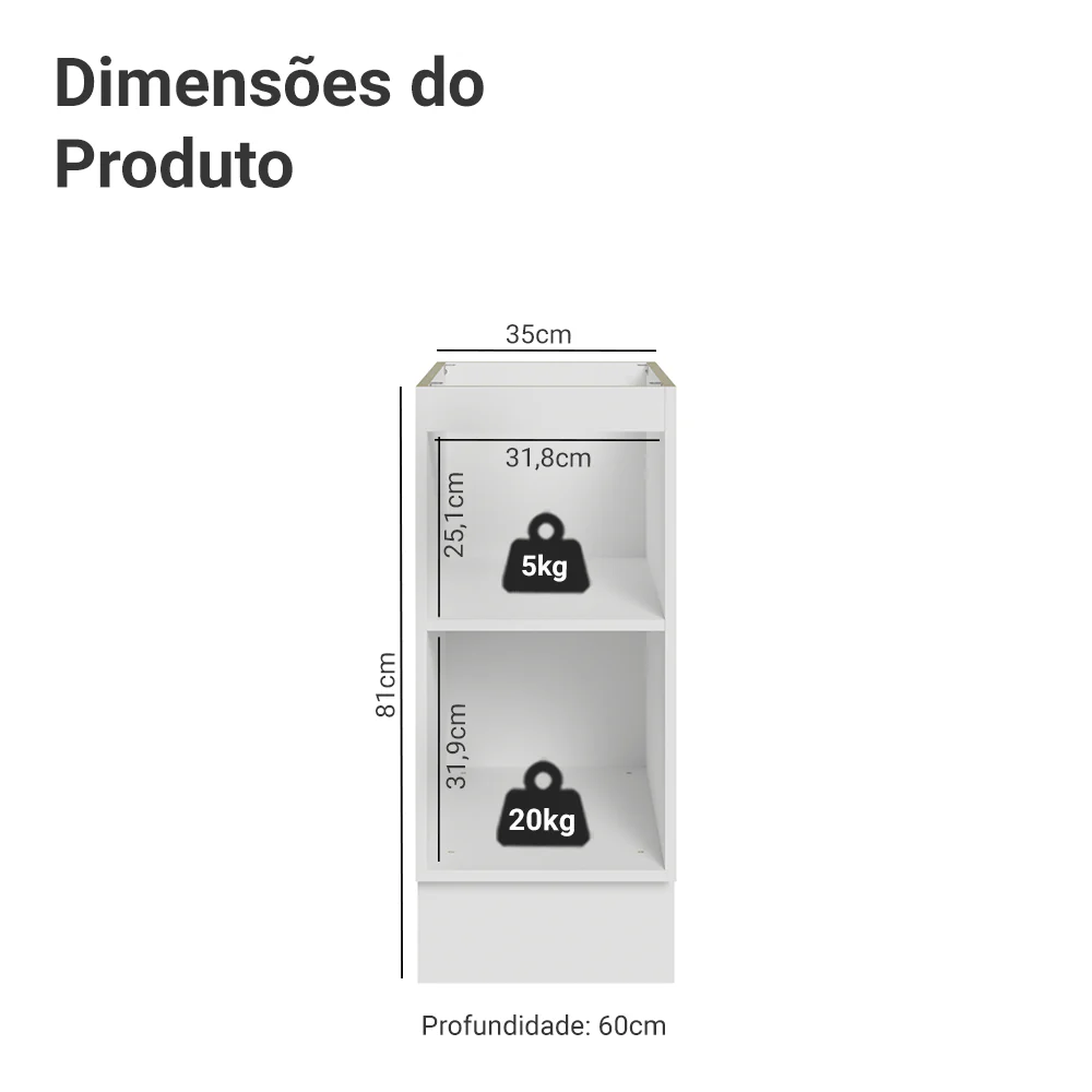 Balcão de Cozinha 35 x 60 cm 1 Porta (Sem Tampo) Branco/Branco Veludo Lux Madesa - Image 2