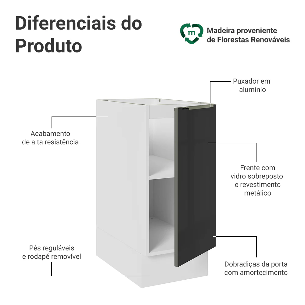 Balcão de Cozinha 35 x 60 cm 1 Porta (Sem Tampo) Branco/Preto Lux Madesa - Image 3