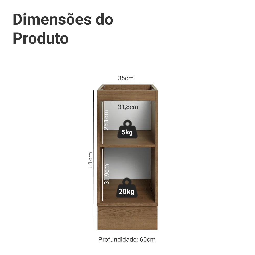 Balcão de Cozinha 35 x 60 cm 1 Porta (Sem Tampo) Rustic/Preto Lux Madesa - Image 2