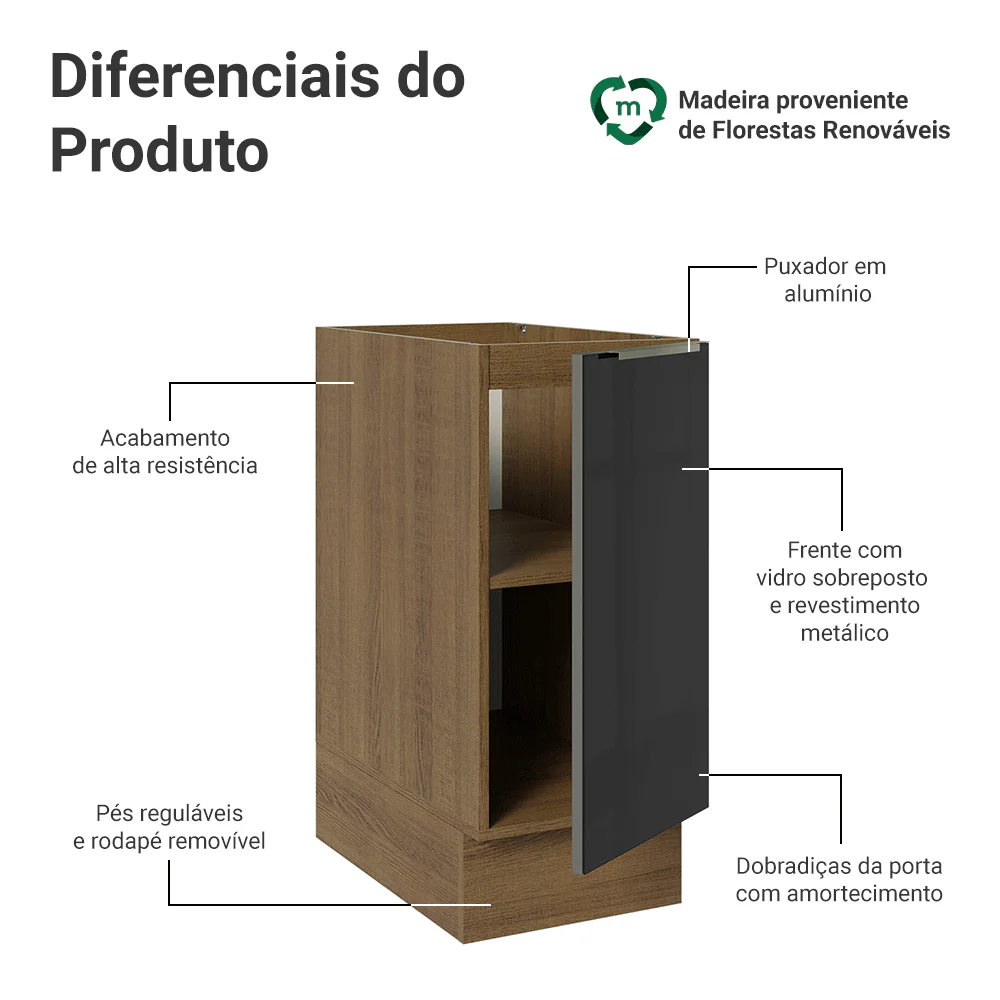 Balcão de Cozinha 35 x 60 cm 1 Porta (Sem Tampo) Rustic/Preto Lux Madesa - Image 3
