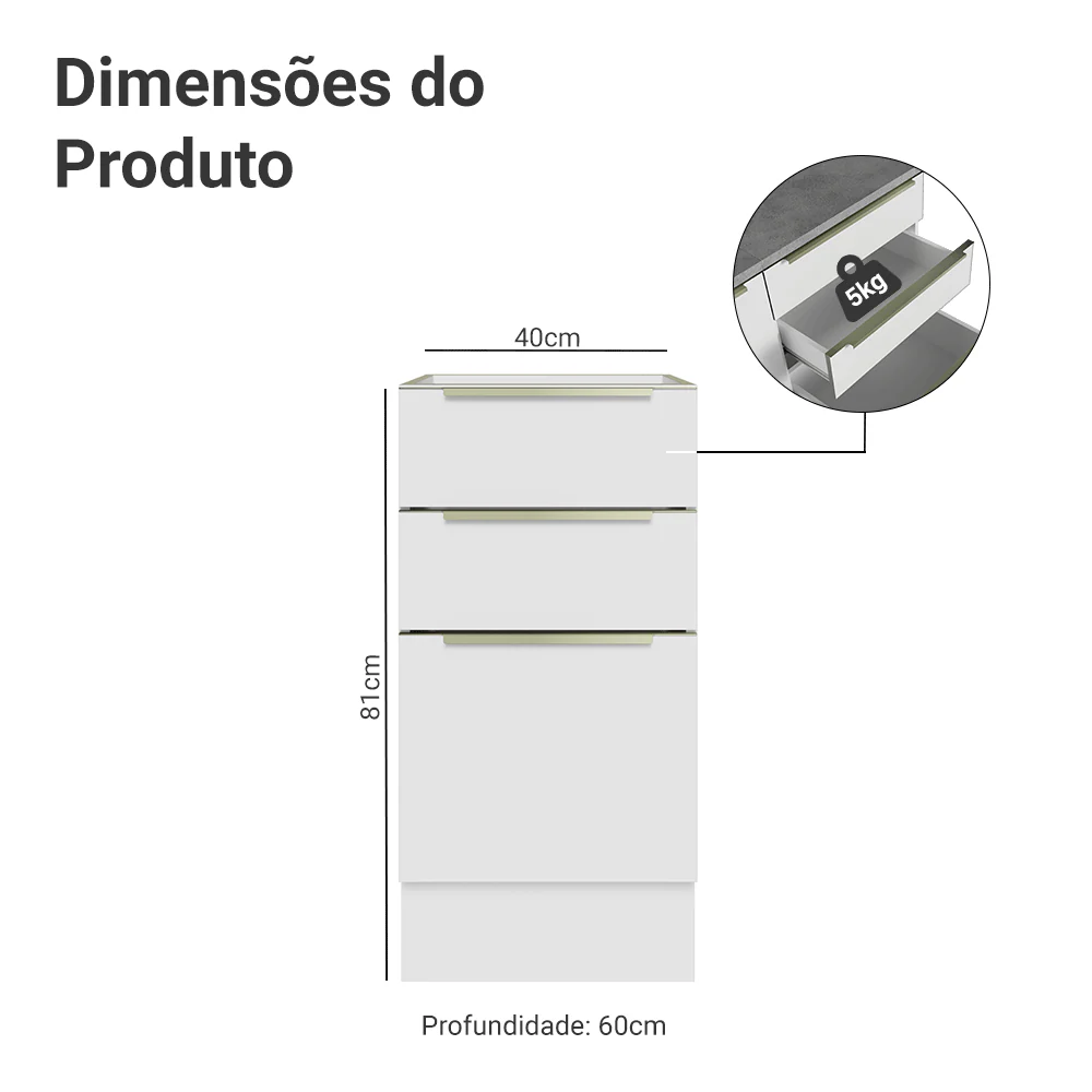 Balcão de Cozinha 40 x 60 cm 3 Gavetas (Sem Tampo) Branco/Branco Veludo Lux Madesa - Image 2