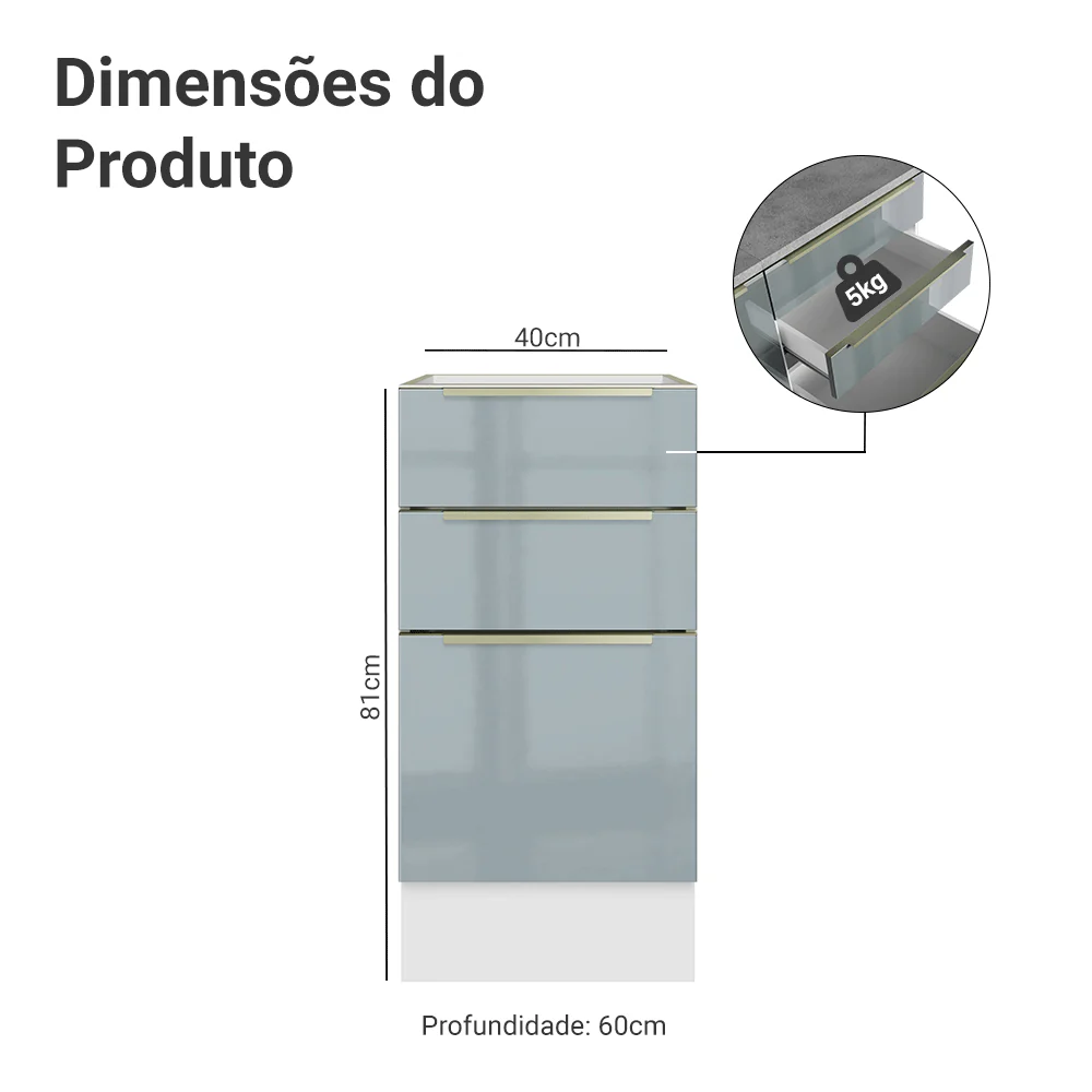 Balcão de Cozinha 40 x 60 cm 3 Gavetas (Sem Tampo) Branco/Cinza Lux Madesa - Image 2