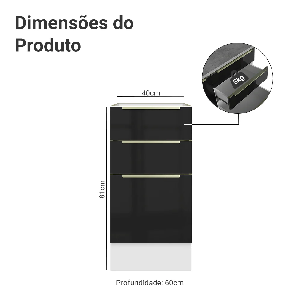 Balcão de Cozinha 40 x 60 cm 3 Gavetas (Sem Tampo) Branco/Preto Lux Madesa - Image 2