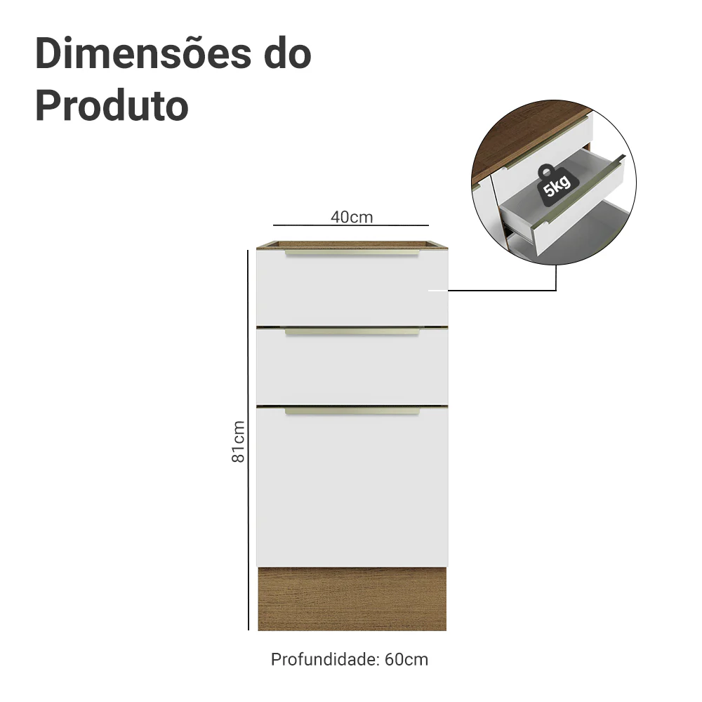 Balcão de Cozinha 40 x 60 cm 3 Gavetas (Sem Tampo) Rustic/Branco Veludo Lux Madesa - Image 2