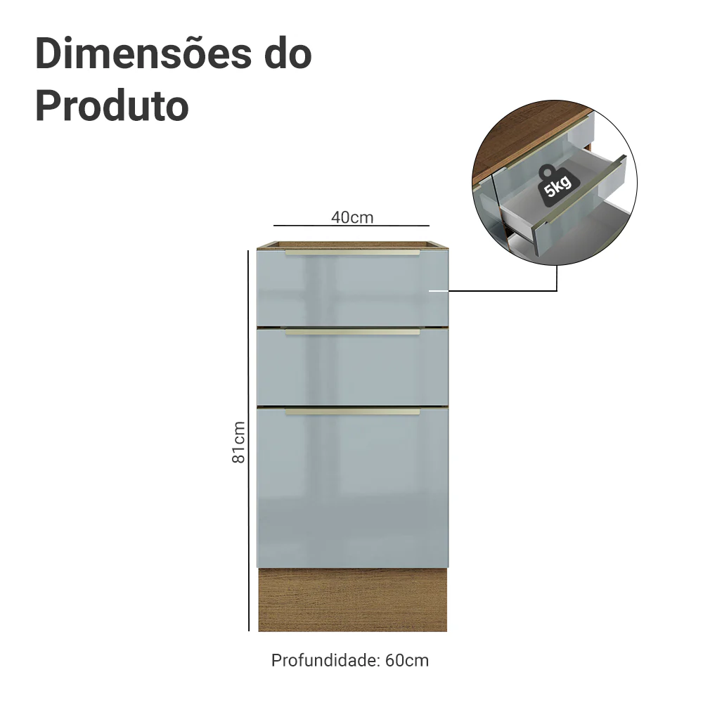 Balcão de Cozinha 40 x 60 cm 3 Gavetas (Sem Tampo) Rustic/Cinza Lux Madesa - Image 2