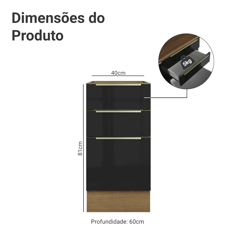 Balcão de Cozinha 40 x 60 cm 3 Gavetas (Sem Tampo) Rustic/Preto Lux Madesa - Image 2