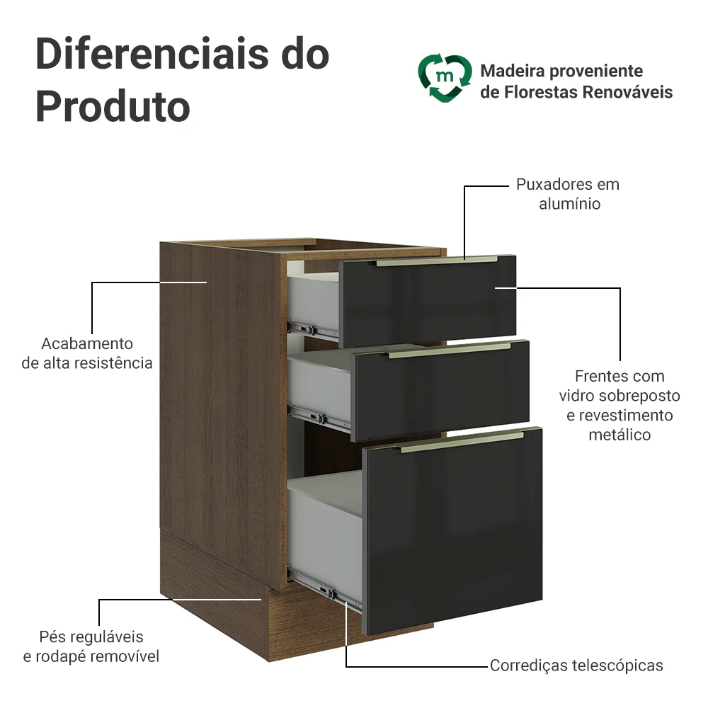 Balcão de Cozinha 40 x 60 cm 3 Gavetas (Sem Tampo) Rustic/Preto Lux Madesa - Image 3