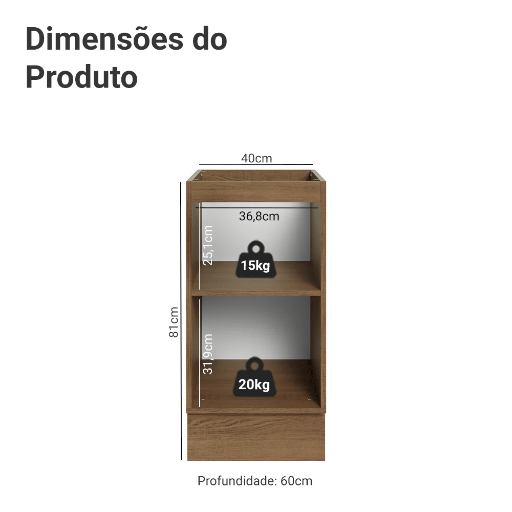 Balcão de Cozinha 40 x 60 cm 1 Porta (Sem Tampo) Rustic/Preto Lux Madesa - Image 2
