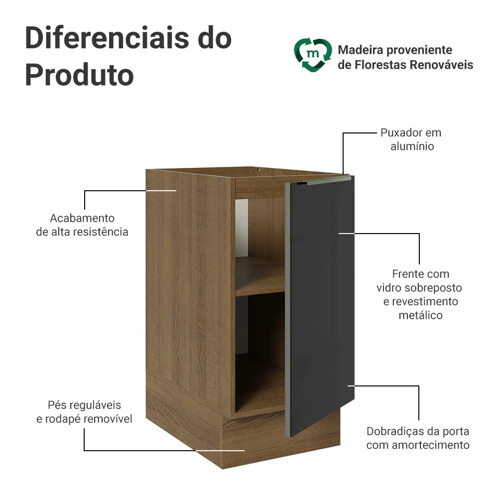 Balcão de Cozinha 40 x 60 cm 1 Porta (Sem Tampo) Rustic/Preto Lux Madesa - Image 3