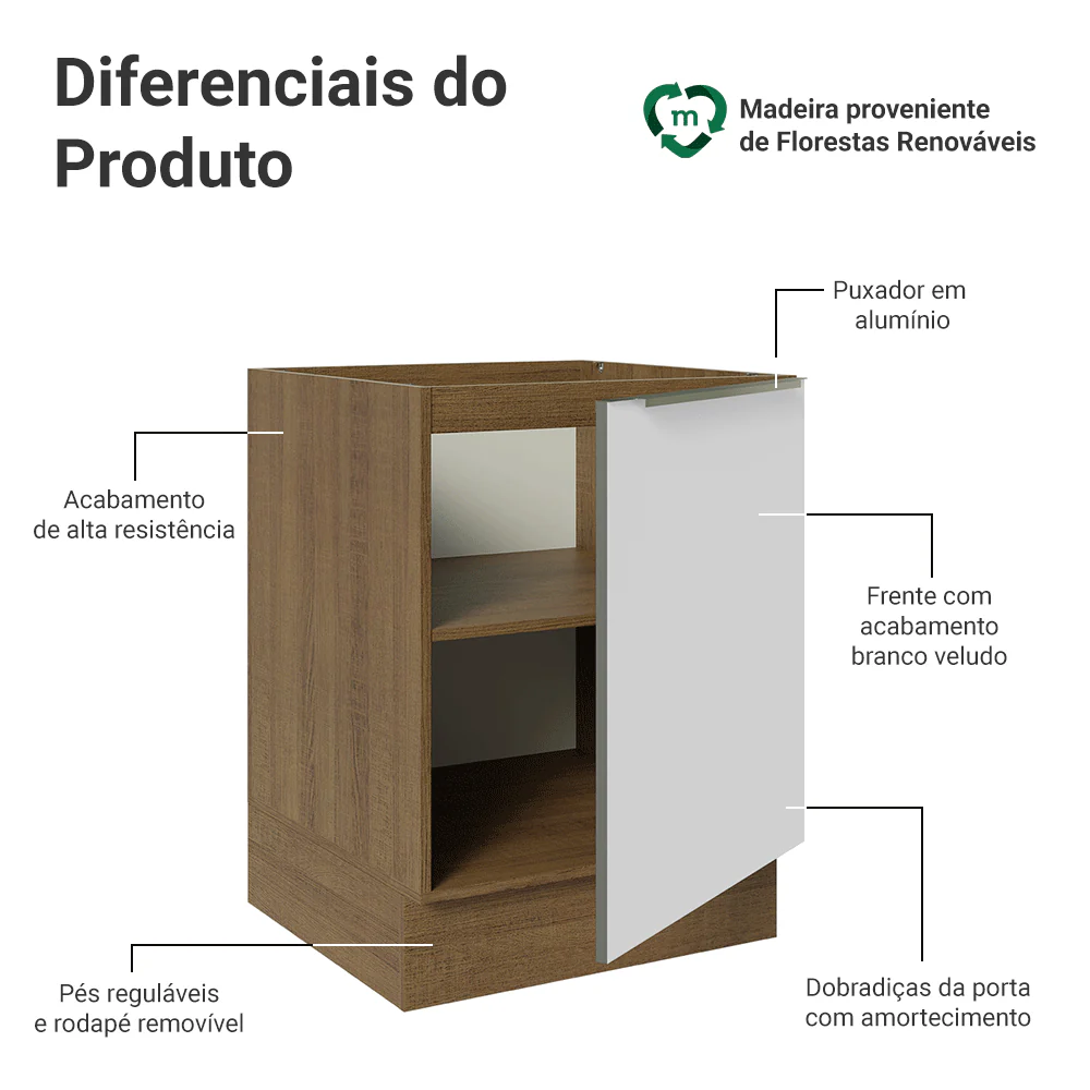 Balcão de Cozinha 60 x 60 cm 1 Porta (Sem Tampo) Rustic/Branco Veludo Lux Madesa - Image 3