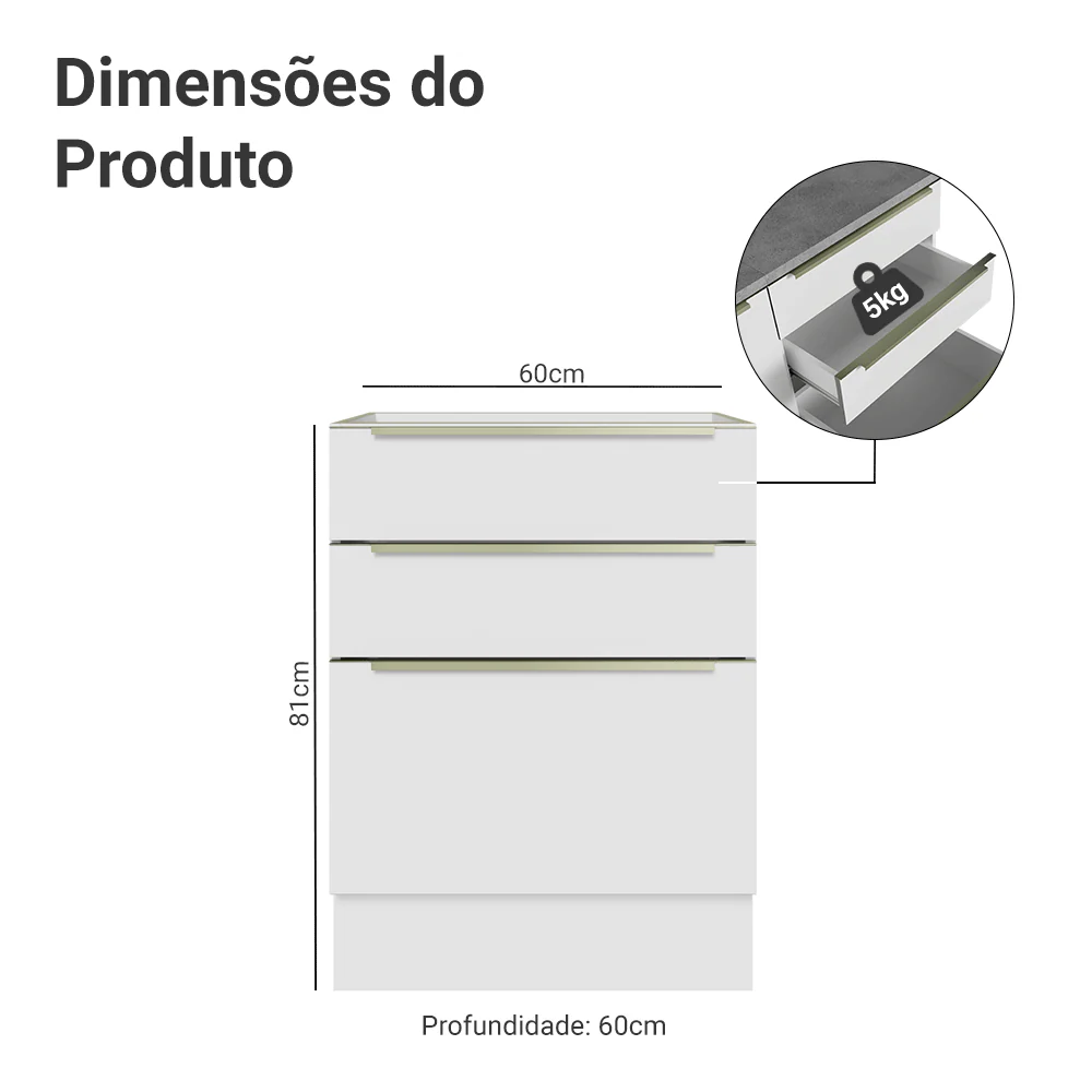 Balcão de Cozinha 60 x 60 cm 3 Gavetas (Sem Tampo) Branco/Branco Veludo Lux Madesa - Image 2