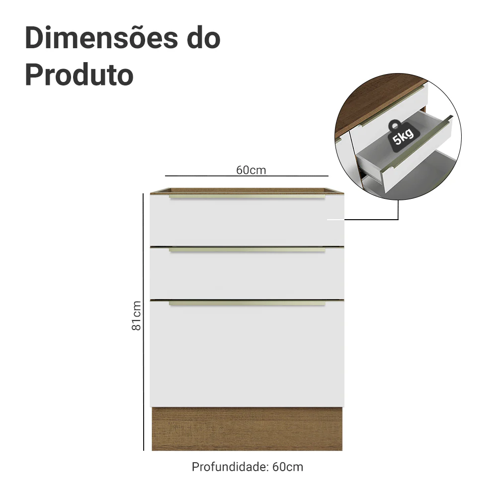 Balcão de Cozinha 60 x 60 cm 3 Gavetas (Sem Tampo) Rustic/Branco Veludo Lux Madesa - Image 2