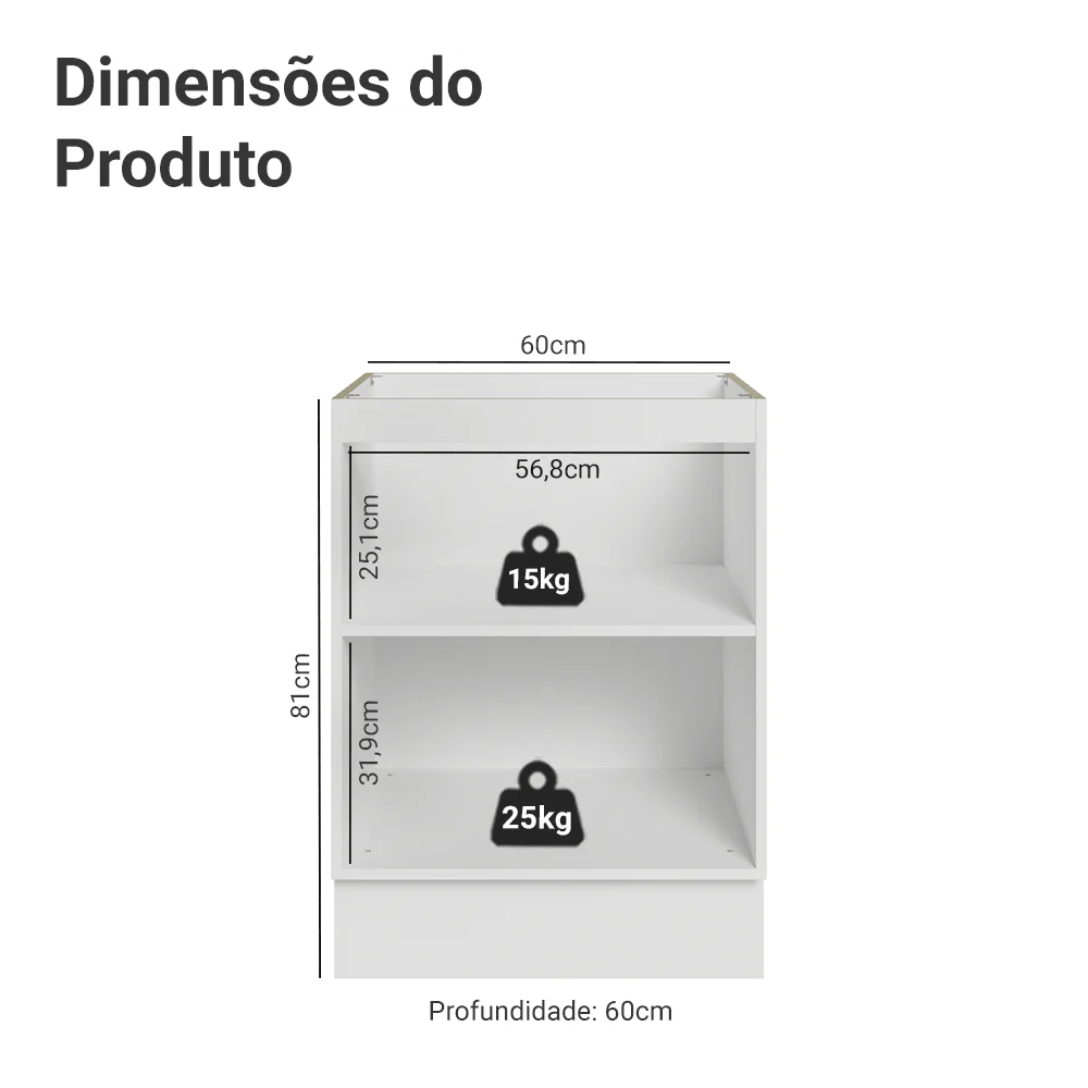 Balcão de Cozinha 60 x 60 cm 1 Porta (Sem Tampo) Branco/Cinza Lux Madesa - Image 2