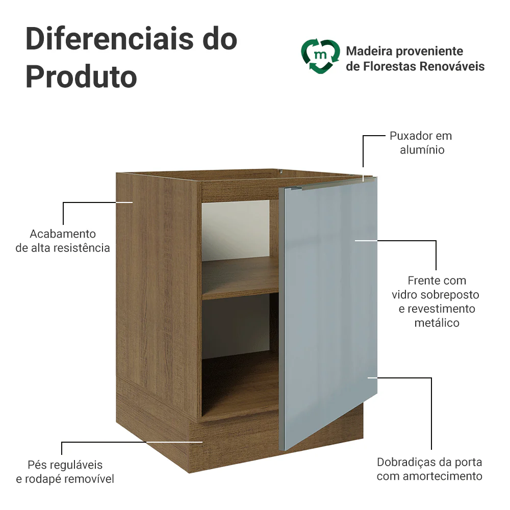 Balcão de Cozinha 60 x 60 cm 1 Porta (Sem Tampo) Rustic/Cinza Lux Madesa - Image 3