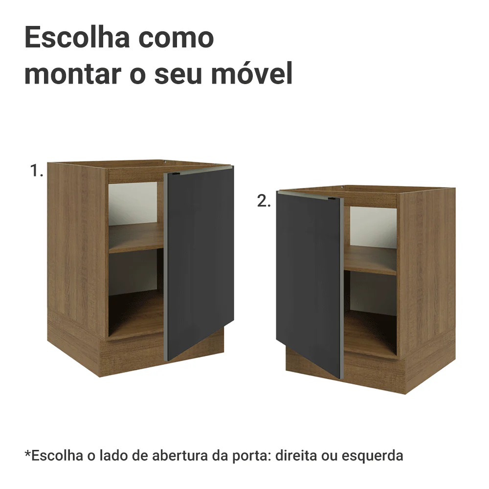 Balcão de Cozinha 60 x 60 cm 1 Porta (Sem Tampo) Rustic/Preto Lux Madesa - Image 5