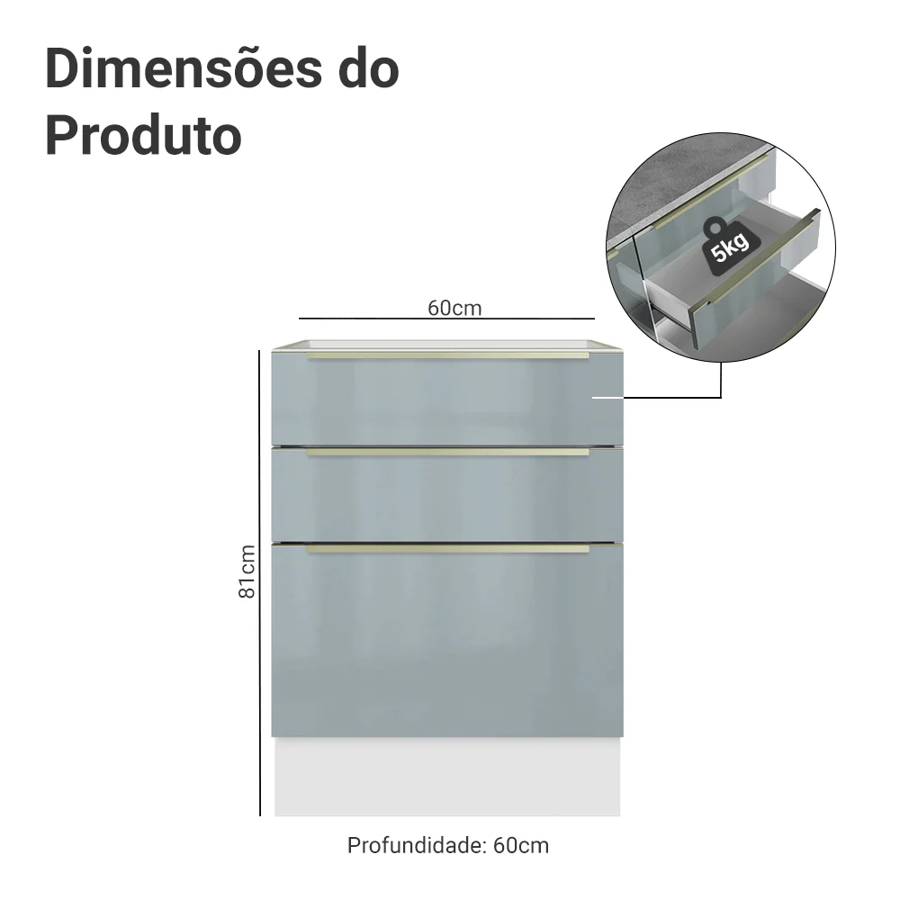 Balcão de Cozinha 60 x 60 cm 3 Gavetas (Sem Tampo) Branco/Cinza Lux Madesa - Image 2