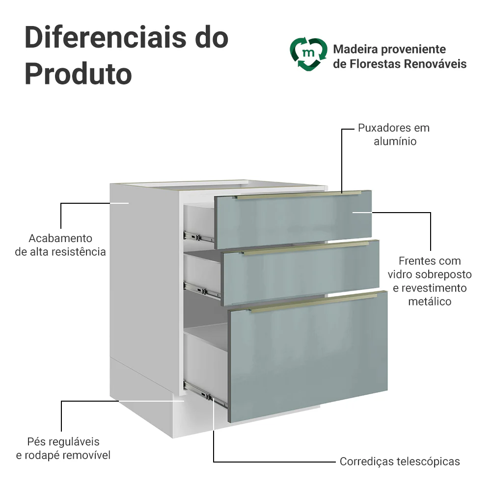 Balcão de Cozinha 60 x 60 cm 3 Gavetas (Sem Tampo) Branco/Cinza Lux Madesa - Image 3