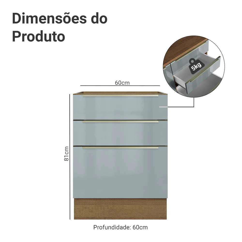Balcão de Cozinha 60 x 60 cm 3 Gavetas (Sem Tampo) Rustic/Cinza Lux Madesa - Image 2
