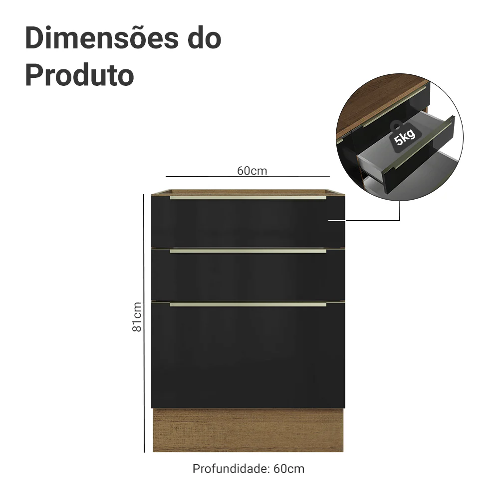 Balcão de Cozinha 60 x 60 cm 3 Gavetas (Sem Tampo) Rustic/Preto Lux Madesa - Image 2