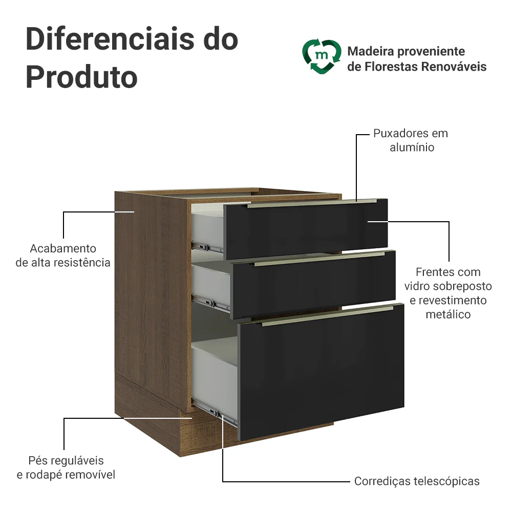 Balcão de Cozinha 60 x 60 cm 3 Gavetas (Sem Tampo) Rustic/Preto Lux Madesa - Image 3