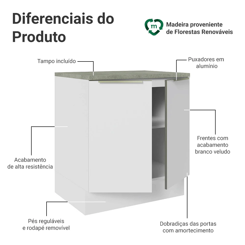 Balcão de Cozinha 70 x 60 cm 2 Portas (Com Tampo) Branco/Branco Veludo Lux Madesa - Image 3