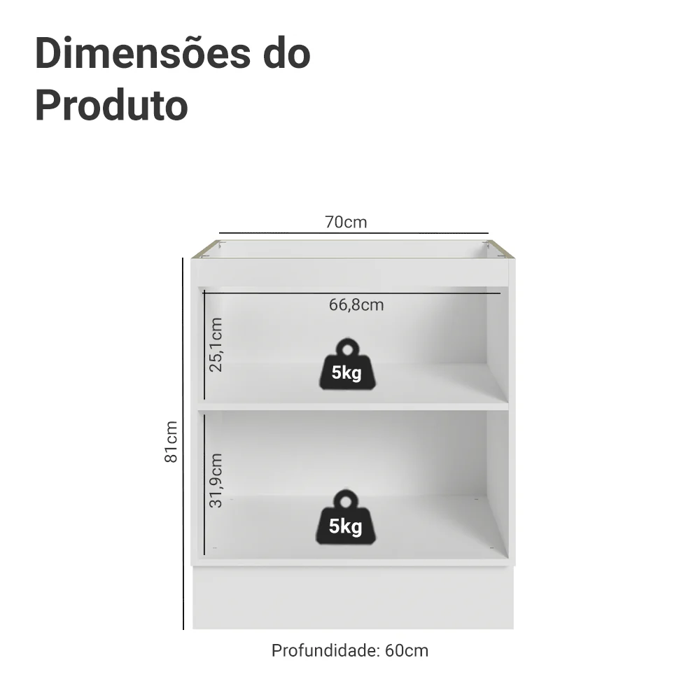Balcão de Cozinha 70 x 60 cm 2 Portas (Sem Tampo) Branco/Branco Veludo Lux Madesa - Image 2