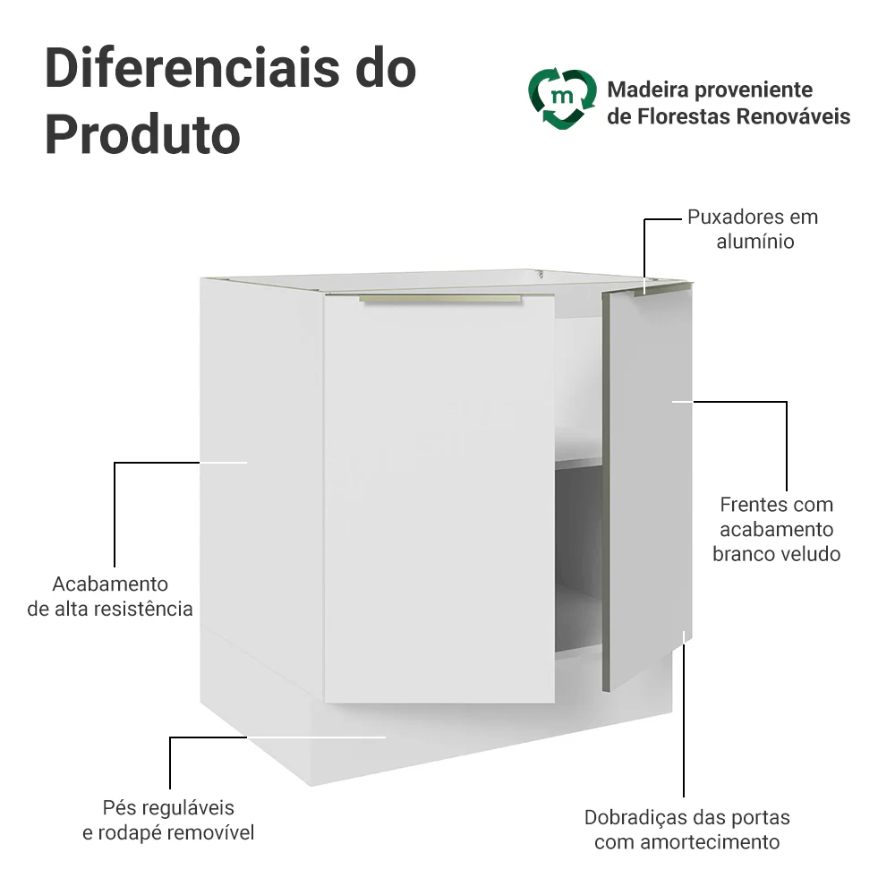Balcão de Cozinha 70 x 60 cm 2 Portas (Sem Tampo) Branco/Branco Veludo Lux Madesa - Image 3