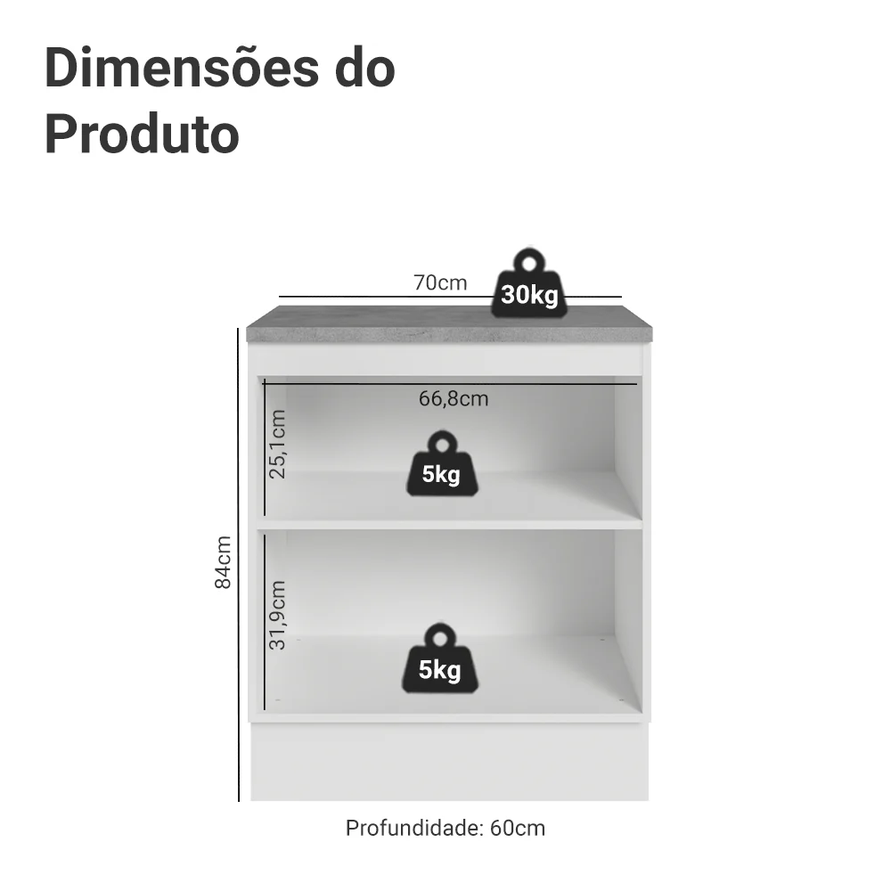 Balcão de Cozinha 70 x 60 cm 2 Portas (Com Tampo) Branco/Cinza Lux Madesa - Image 2